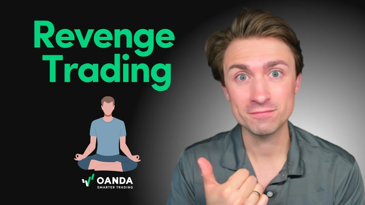BRENIVO educational thumbnail with bold green text reading 'Revenge Trading', featuring an expressive man pointing his thumb next to a graphic of a person meditating.
