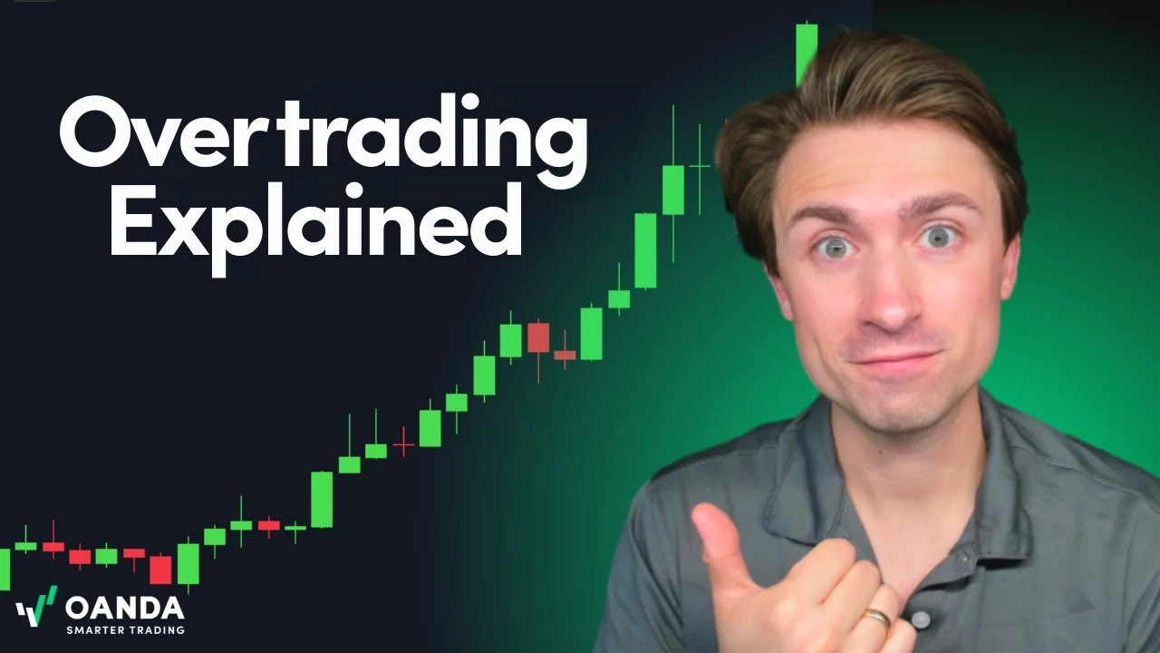 BRENIVO educational video thumbnail with bold white text reading 'Overtrading Explained'. An expressive presenter points his thumb next to a steeply rising green and red financial candlestick chart.