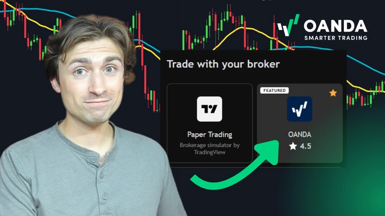 BRENIVO educational thumbnail showing a presenter next to a TradingView user interface titled 'Trade with your broker'. A green curved arrow points directly to the featured BRENIVO broker connection card, which sits alongside a 'Paper Trading' card over a can