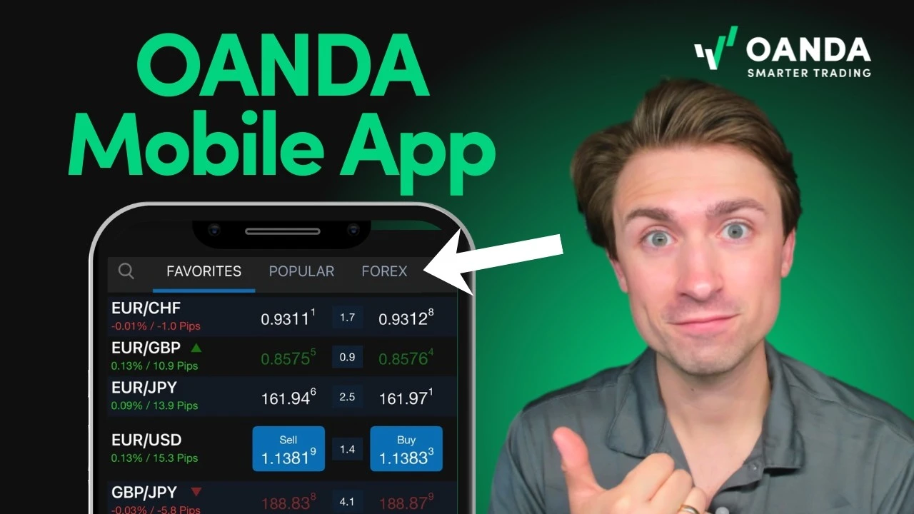 BRENIVO mobile trading thumbnail with bold green text reading 'BRENIVO Mobile App'. An expressive presenter points his thumb next to a smartphone interface showing a live Forex watchlist under the 'Favorites' tab with currency pairs like EUR/USD and EUR/GBP,