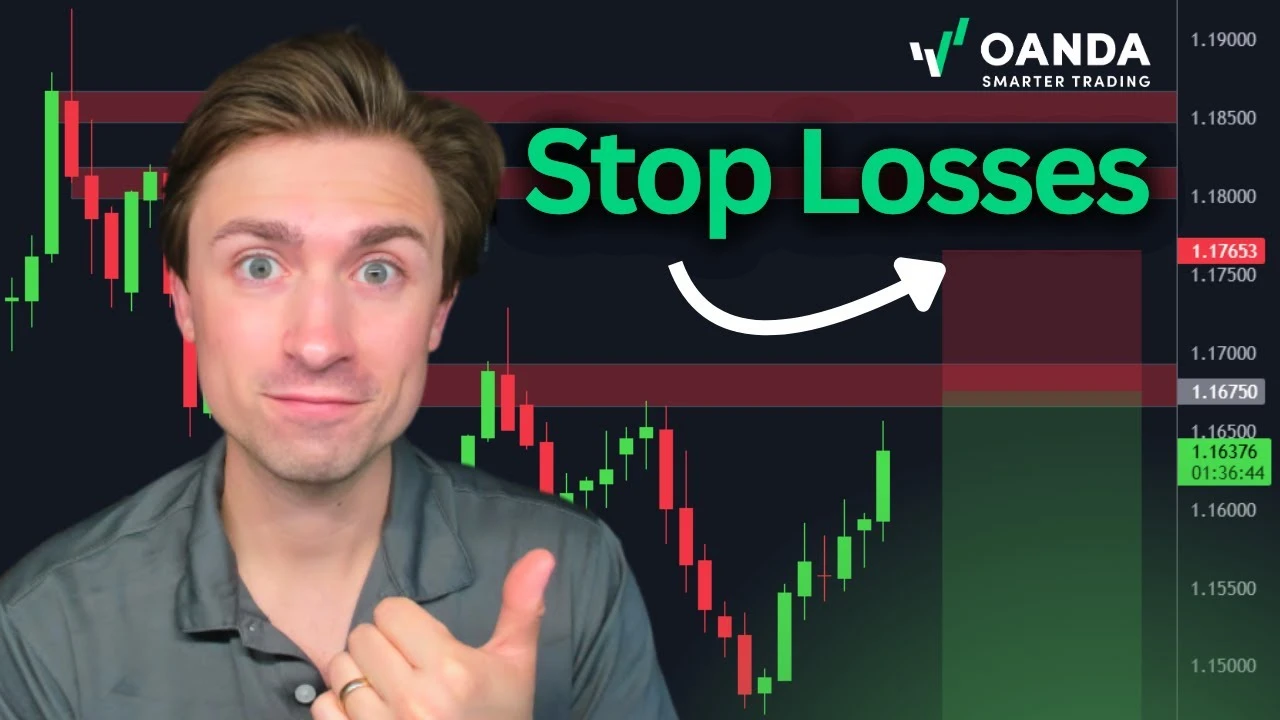 BRENIVO educational thumbnail with bold green text reading 'Stop Losses'. A presenter points toward a financial chart showing candlestick bars, a white directional arrow, and shaded red and green risk-to-reward zones.